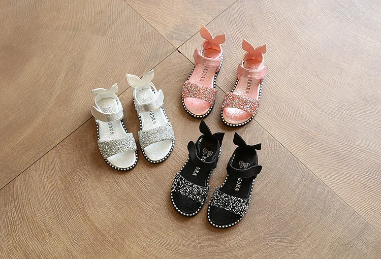 Детские летние новые блестящие римские сандалии с милыми кроличьими ушками для маленьких девочек, европейские размеры 21-36