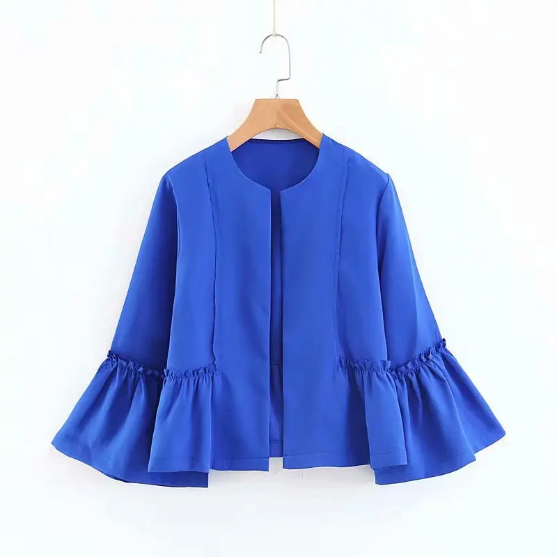

WT217 European Design Blue Color Open Stitch Ruffles Sleeve Patchwork Blue blouse Women Short Design Chic Coat