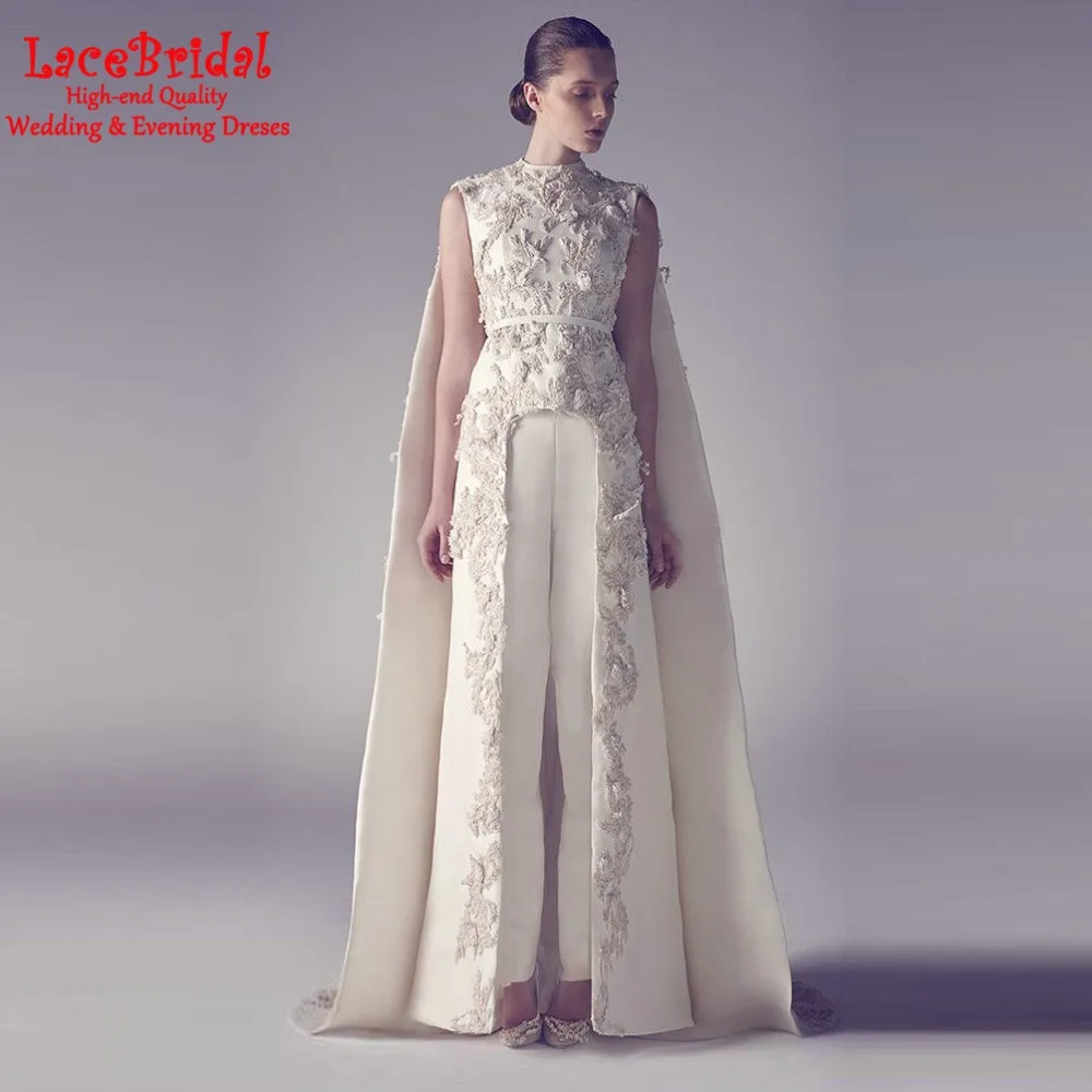 Luxury Lebanen Straight High Neck Applique Lace Wedding Dresses 2016 font b Pants b font Arabic