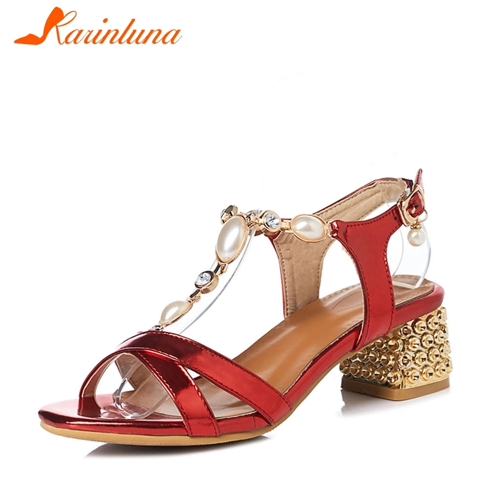 

KARINLUNA New Fashion Big Size 31-43 Ladies 4.5cm Med Heels Pearl Women Shoes Woman Casual Party Ol Summer Sandals 2019