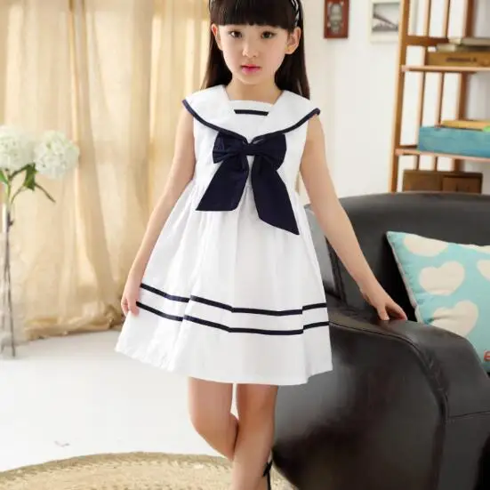 Été Nouvelle Enfants Vêtements Filles Robes Col Marin A ligne Enfant Fille Robe Avec Bow
