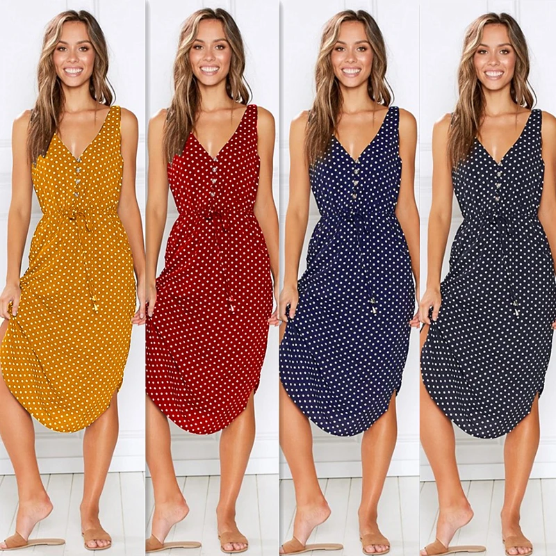 

NEW Summer Fashion Women Dress Vintage Sexy Bohemian Floral Long Top Dress Dress Polka Dot V-neck Dress Sleeveless Tank 2019