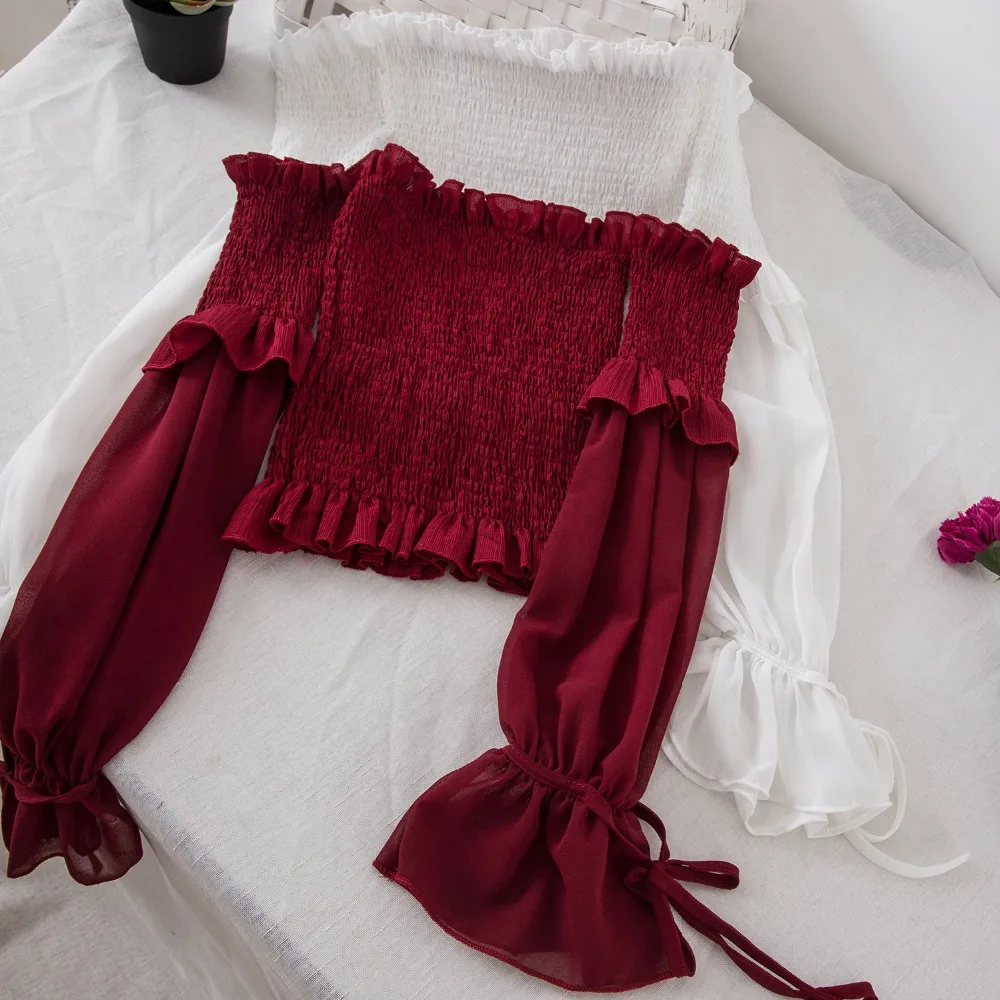 

Women Summer Flare Sleeve Slash Neck Off Shoulder Pullover Basic Shirt Casual Lace Up Bandage Short Chiffon Ruffles Blouse Tops