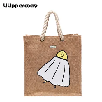 

Uupperway Korean Style Jute Handbag Women Summer Rattan Bag Girls Rope Handle College Student Book Bag Cartoon Print Beach Tote