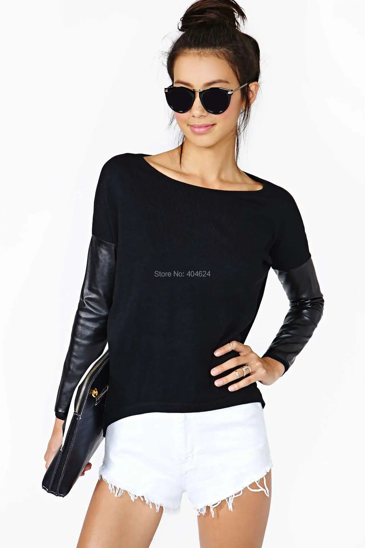 

2016 Hot New Fashion Casual Long Sleeve O-Neck Cotton Women Black PU Leather Patchwork Blouses Solid Lady Tops Free Shipping