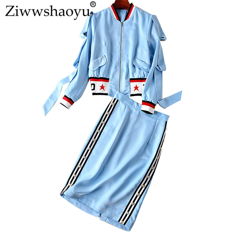 

Ziwwshaoyu Leisure 3D Applique O-Neck jacket + Fashion stripe Diamonds pencil skirt Set 2019 early spring new women