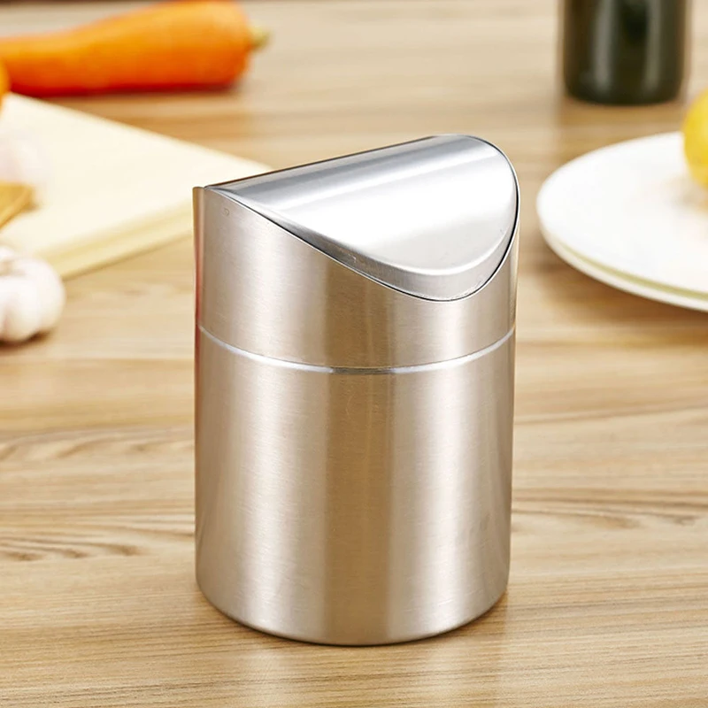 

Mini Stainless Steel Rubbish Bin Swing Bucket Desktop Garbage Waste Container