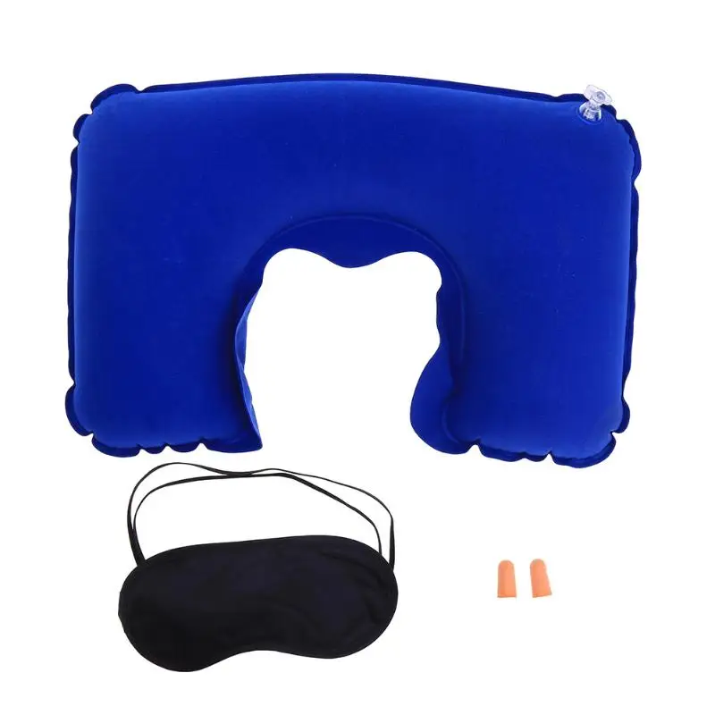 3 шт портативная дорожная u-образная надувная подушка для самолетов, подушка для шеи и подголовника с крышкой для глаз, беруши для дома и путешествий - Цвет: Royal Blue