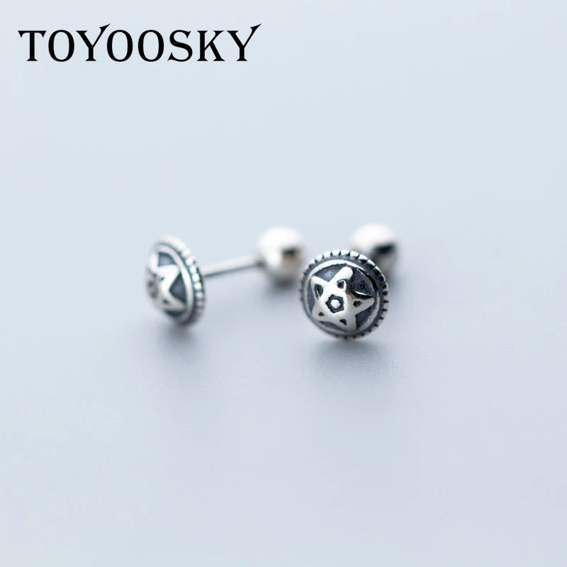 

TOYOOSKY 925 Sterling Silver Stars Earrings Stylish Simple Thai Silver Round Short Earrings Five-pointed Star Ear Studs Jewelry