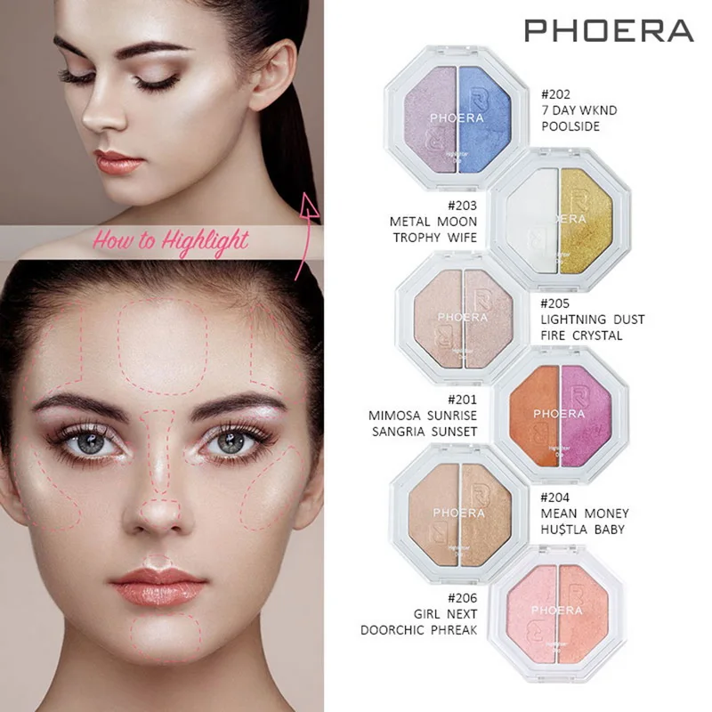 PHOERA Lasting Highlight сияющая пудра консилер 2 цвета для женщин осветляет кожу пигментированные тени для век Палитра Макияж инструменты светящийся набор