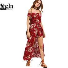 Shein 2017 летний пляж женщины комбинезоны и комбинезоны бордовый цветок печати с коротким рукавом с плеча высокий низкий ползунки