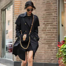 Black Trench 2016 Winter Europe Brand Turn-down Star Style Full Sleeve Belt Pockets Double Button Women Warm Topshop Trench