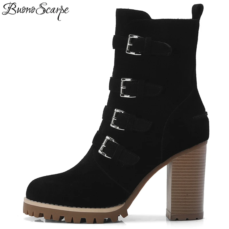 

BuonoScarpe Women Leather Strap Buckles Boots Real Suede Leather Black Ankle Boots Zipper Platform High Heel Boots Retro Botas
