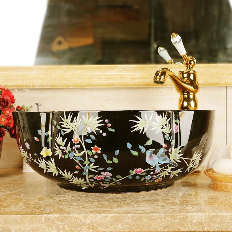 Flower and bird Art Basin Sinks Ceramic Counter Top Wash Basin Bathroom Vessel Sinks vanities new ceramic wash basin blue