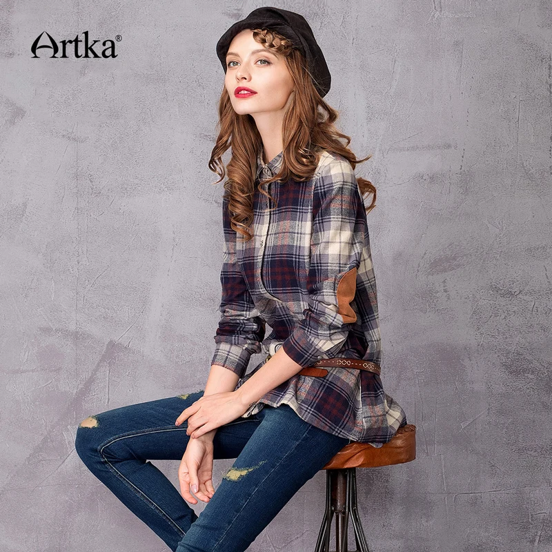 ARTKA Женская Осенняя рубашка 2018 пэчворк клетчатая Повседневная Длинная Базовая 100%