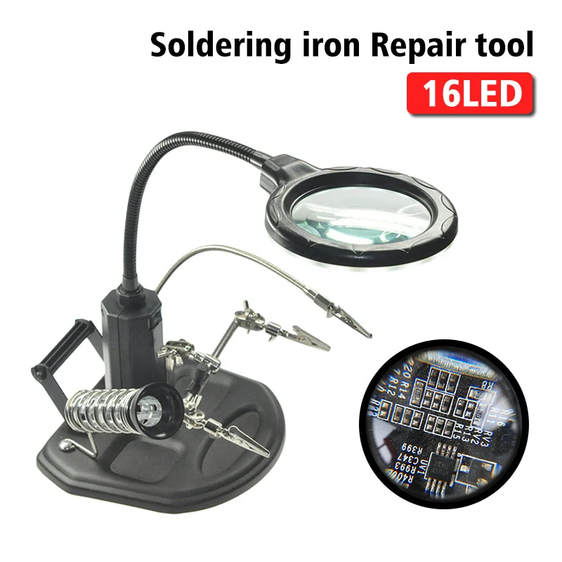 

3X 6X Welding Magnifying Glass 16 LED Loupe Magnifier Alligator Clip Holder Clamp Helping Hand Soldering Iron Repair Tool