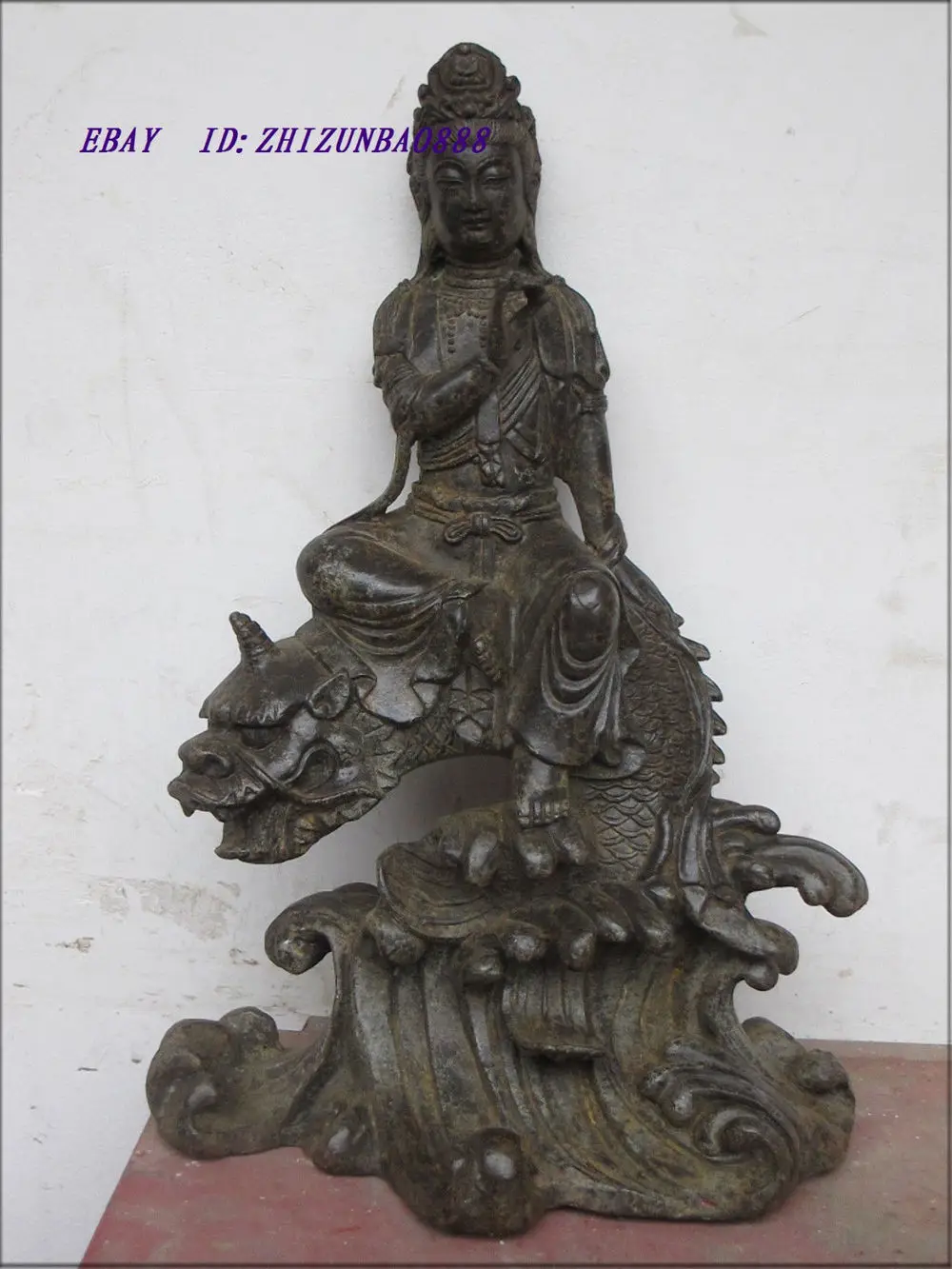 

12"Tibetan old bronze dragon head unicorn fish Under kwan yin Quan yin Statue