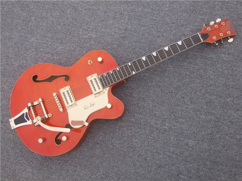 

Factory custom BrianSetzer orange semi-hollow thick body electric guitar with double f holes,gloden pickguard,can be changed