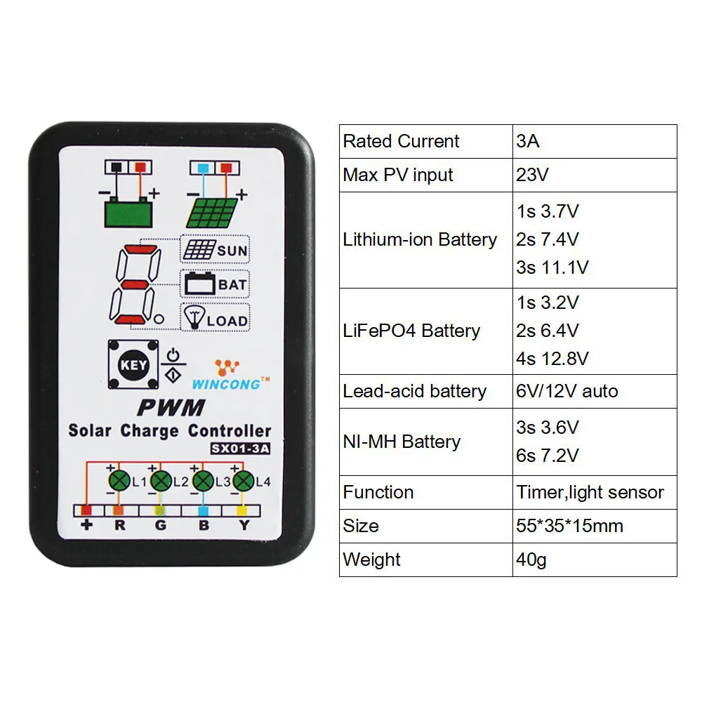 PWM Wincong Солнечный контроллер заряда 30A 10A 20A 3A 6 в 12 В 24 в 48 в 60 в литий-ионный Ni-MH LiFePO4 батарея - Цвет: SX01-3A