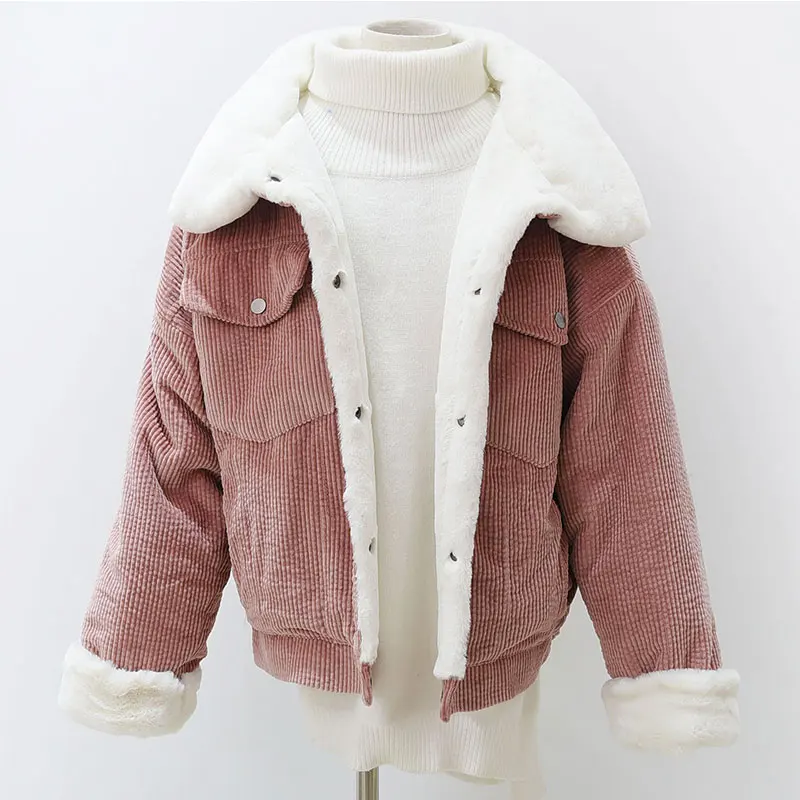

Wientr jacket Woman Corduroy Jacket Thick Short Lambswool Jacket Cotton Outerwear Basic Coat Warm Parka Female Streetwear 744