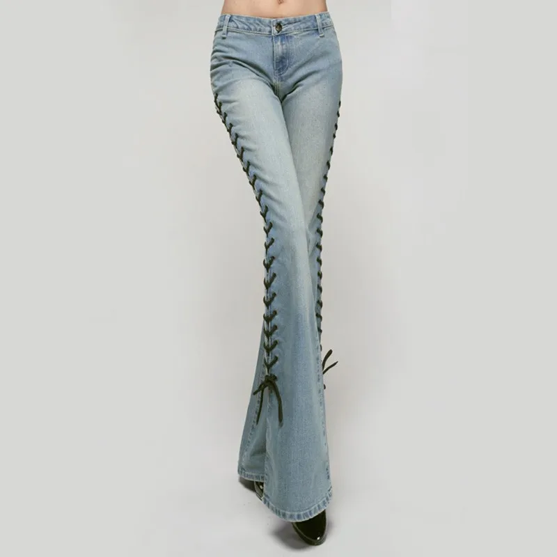 Длинные расклешенные джинсы с низкой талией, джинсовые штаны, бандажные джинсы на шнуровке, женские джинсы с широкими штанинами, Стрейчевые винтажные расклешенные джинсы для девушек