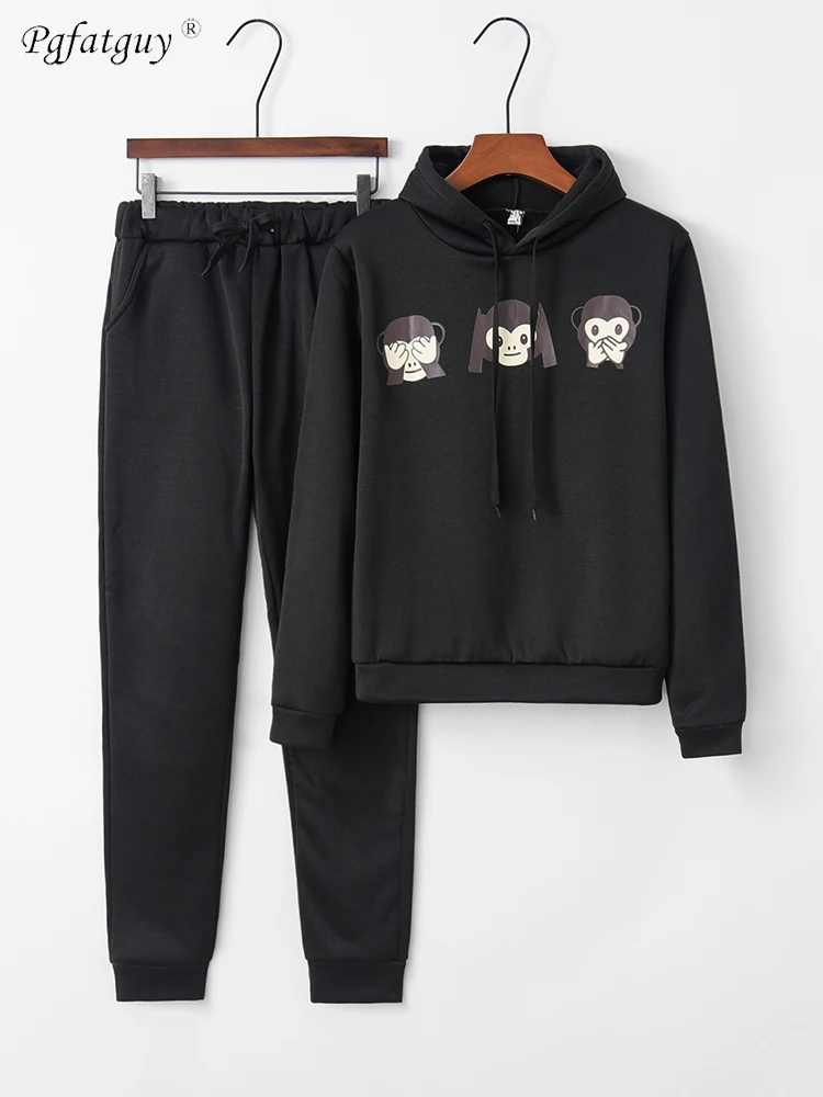 

2019 Autumn Spring Long Sleeve Tracksuit Sportswear Office 3D Monkey Print Sweatshirt+ Pant 2pcs Women's Warm Sets Outfits Suit
