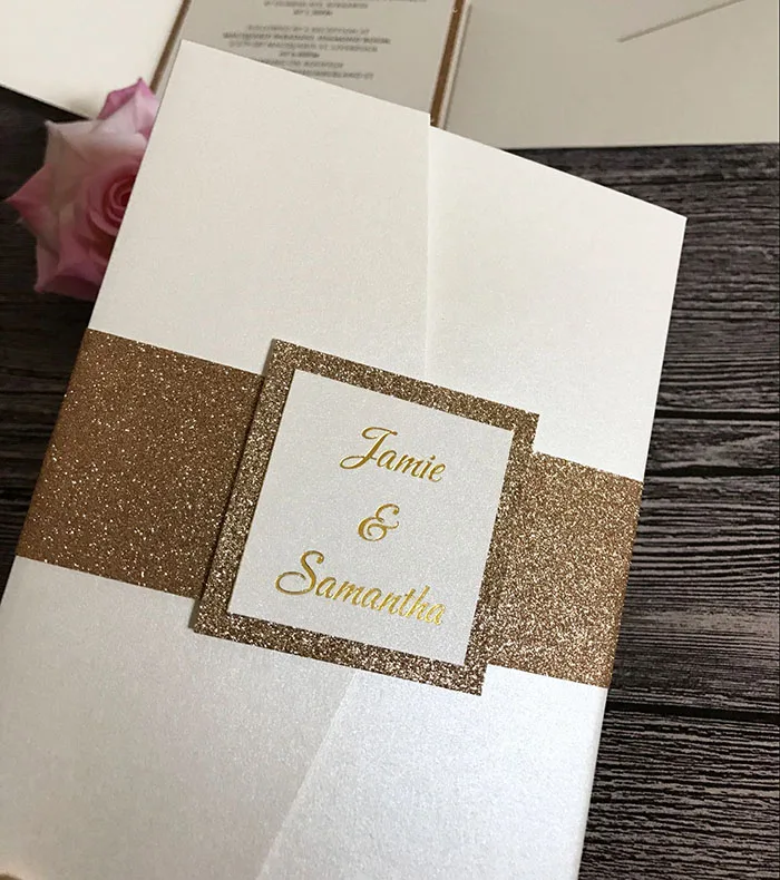  Glitter Pocketfold Wedding Invitations with belly band CA0766 - 32828301947