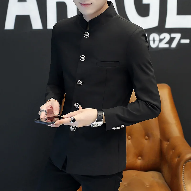 

2019 spring five-button buckle male stand collar single-breasted blazer pure color can not afford the ball stand collar blazer