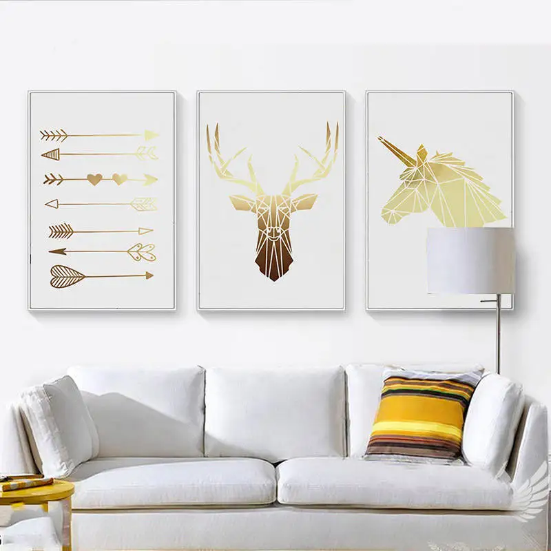 Minimalist Fascinating Canvas Poster Golden Sketch Of Deer Horse Arrows Unframed Painting Wall Art Print For Home Room Decor