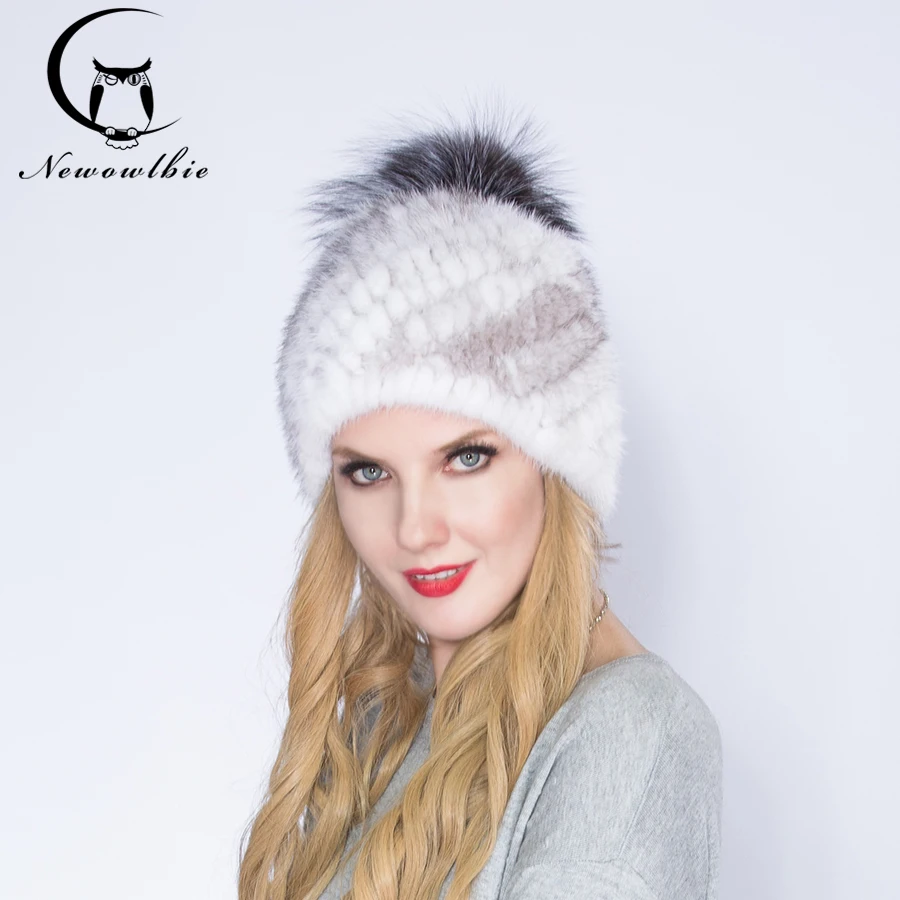 

Winter earmuffs female mink fur knitting hat baotou cap hat large fox ball fur hats for women chapeu feminino