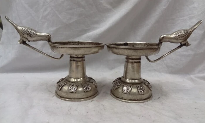 

JP S0114 8" Chinese Silver 8 Auspicious Symbol Tibet Bird Statue Holder Candle Stick Pair Discount 35%