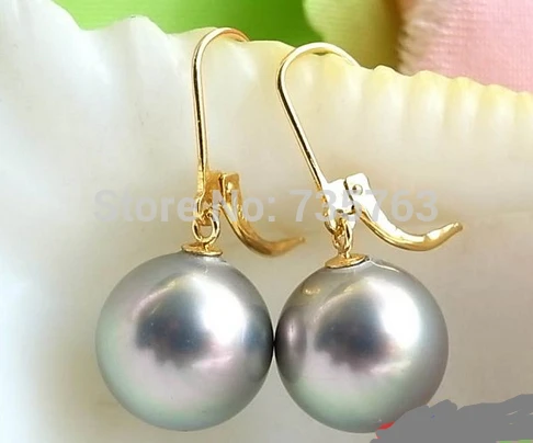 

xiuli 00230 14MM GRAY ROUND SOUTH SEA SHELL PEARL DANGLE EARRING 14KGP