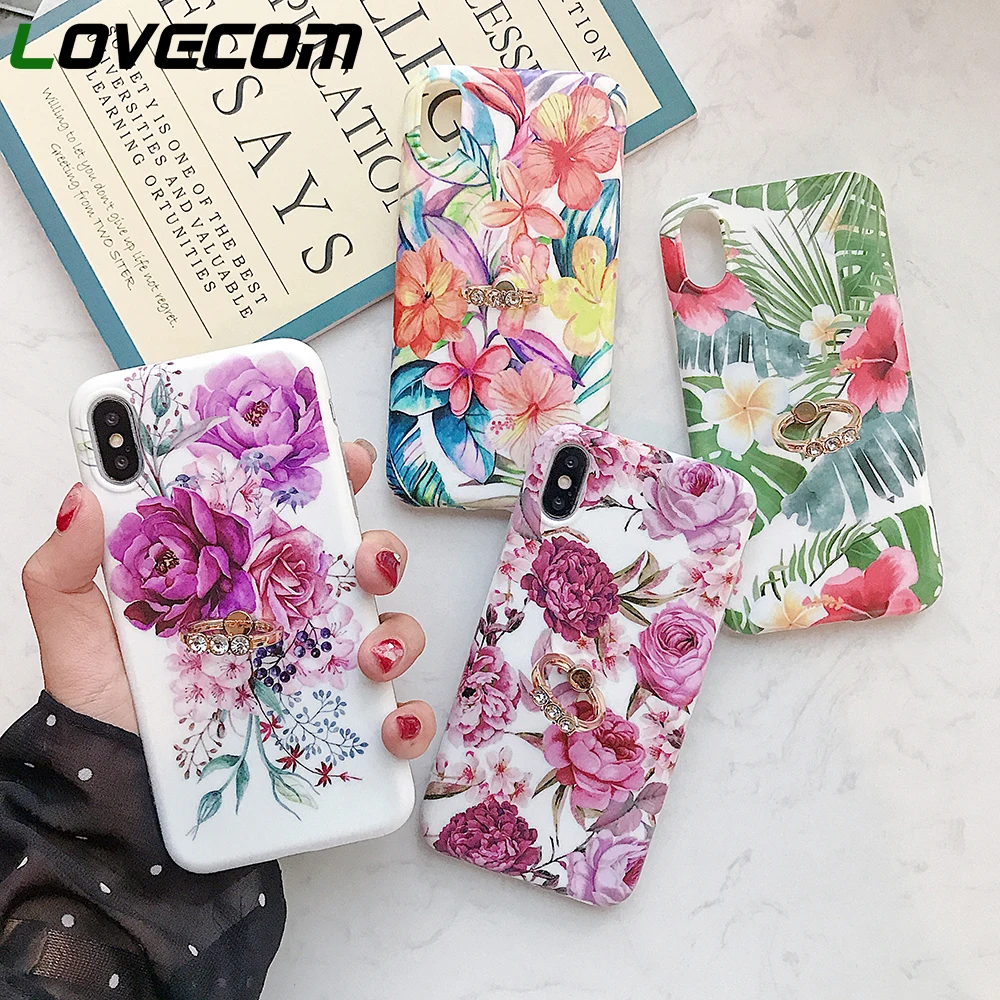 

LOVECOM Luxury Retro Flower Finger Ring Case For iPhone XR XS Max X 8 7 Plus 6S Plus Kickstand Holder Soft IMD Phone Back Cover