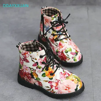 

Kids Shoes Floral Martin Boots for Girls Botas Elegant New Flower Print PU Leather Shoes Child Rubber Soled Boots Brand Boats