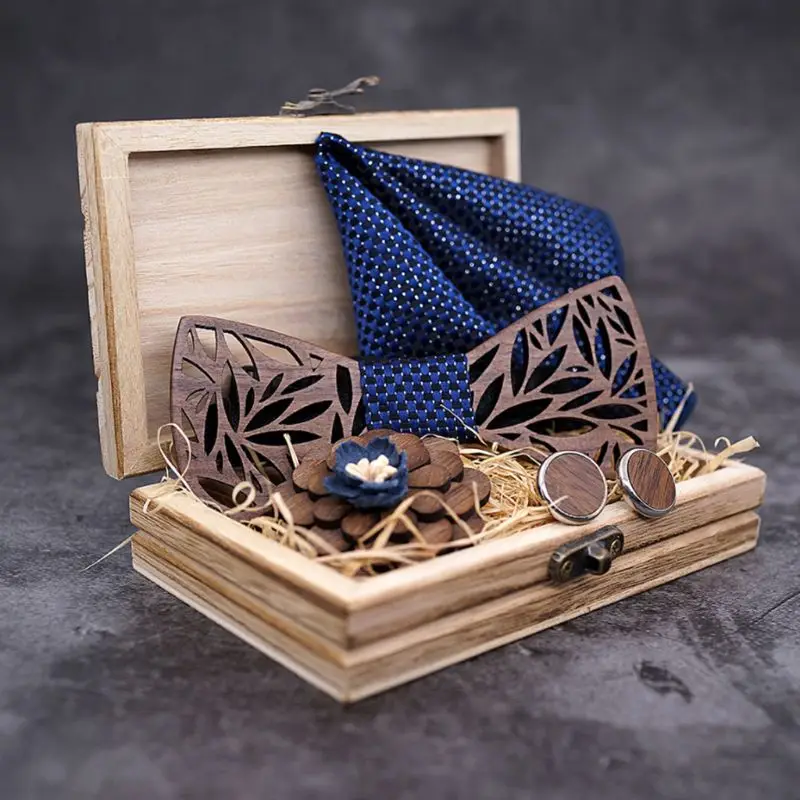  Quality Walnut Wood Bow-tie Gift Box Premium With Handkerchief Brooch And Cuff-links