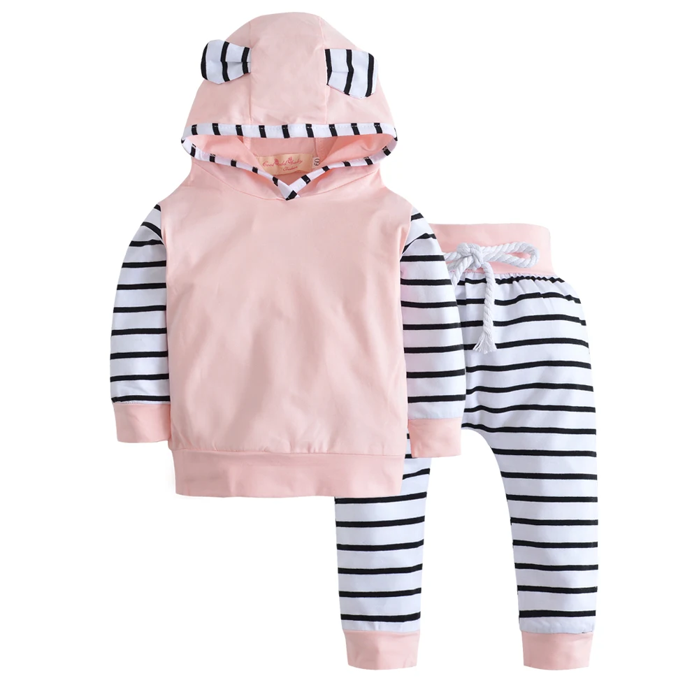 

Toddler Infant Newborn Baby Girls Clothes Set Long Sleeve Tops Hooded Striped T-shirt+Pants Casual Clothing Baby Boy Outfits