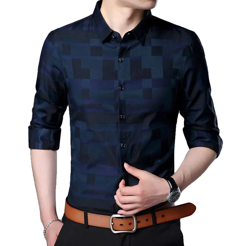 Fashion Brand Shirt For Men Button Up Plaid Korean Slim Fit Streetwear Long Sleeve Checkered Dress Mens Clothing | Мужская одежда