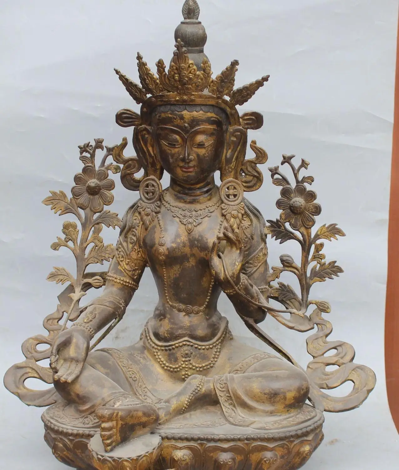 

28" Marked Signed Chinese Tibee Bronze Green Tara Godness Kwan-yin Buddha Statue