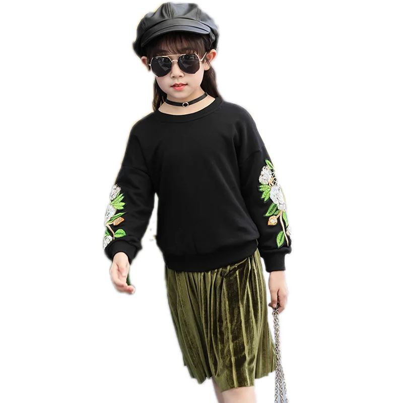 

children clothing autumn winter girls clothes sets top embroidery floral pullover hoodies+solid pleated skirt 2pcs girl sets