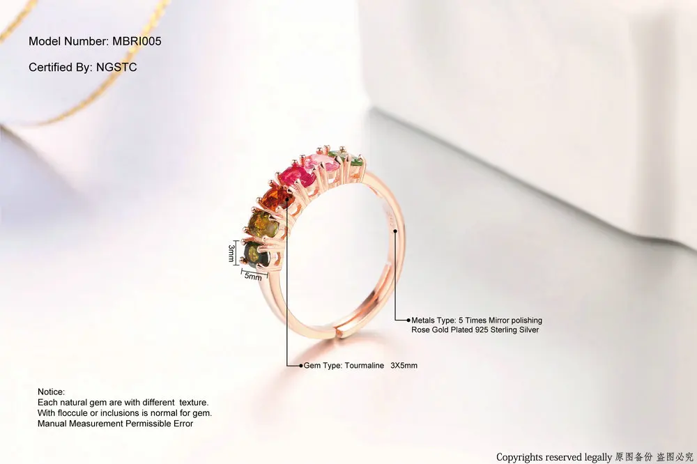MoBuy MBRI005 цветные кольца с натуральным драгоценным камнем, турмалин, изменяемые размеры, 925 пробы, серебро, розовое золото, хорошее ювелирное изделие для женщин
