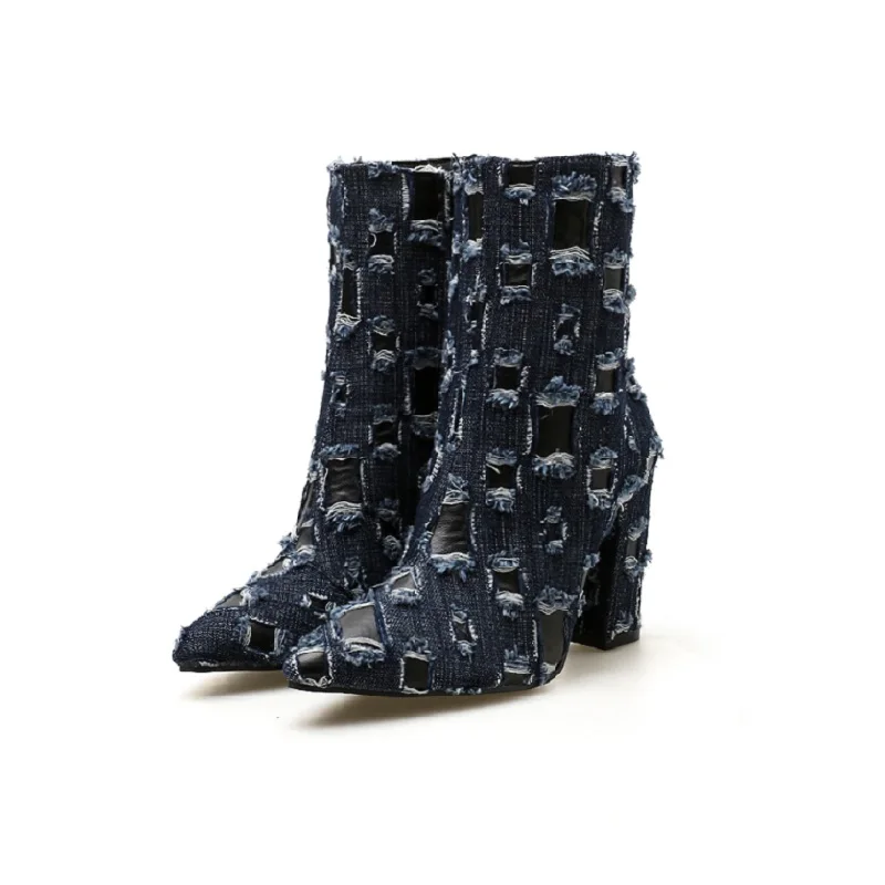 

2018 autumn and winter European and American denim trade in the tube high-heeled mesh women's boots blue 0117