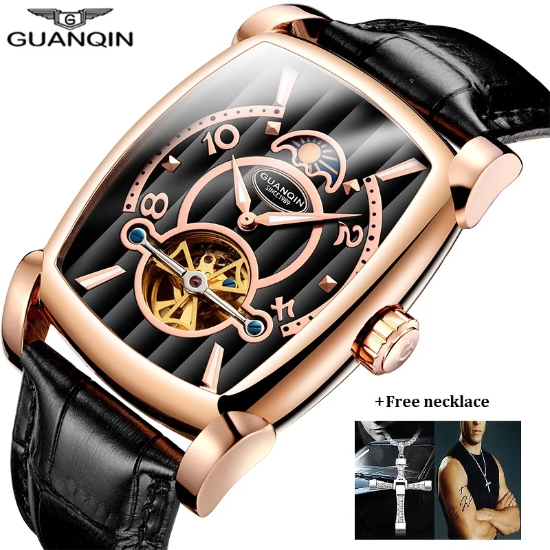 

New GUANQIN Brand Mechanical Watches Men Luxury Tourbillon Skeleton Automatic Watch Rectangle Leather Gold Male Clock Man 2018