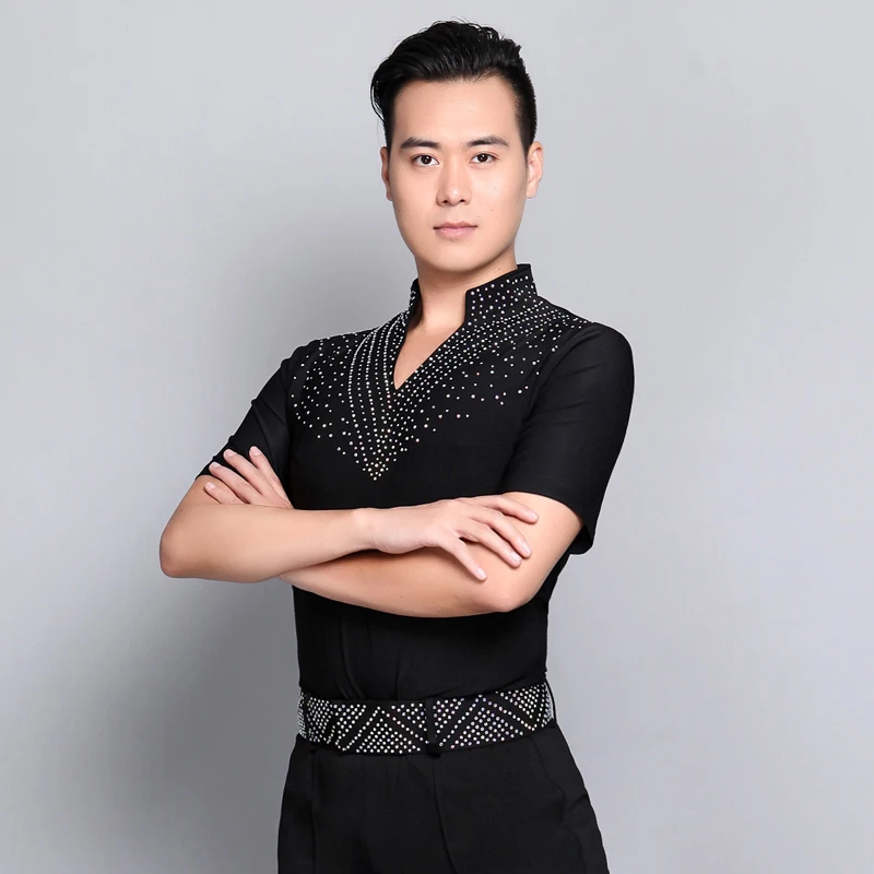 2021 Latin Dance Shirts Men Short Sleeve V Neck Sequin Middle East Diamond Tops Ballroom Shirt Competition Dancing Clothes | Тематическая
