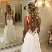 Elegant Boho V Neck Bride Dresses Long New Chiffon Backless Wedding Gowns Sleeveless Appliques Top Lace Beach Wedding Dress