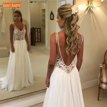

Elegant Boho V Neck Bride Dresses Long 2020 New Chiffon Backless Wedding Gowns Sleeveless Appliques Top Lace Beach Wedding Dress