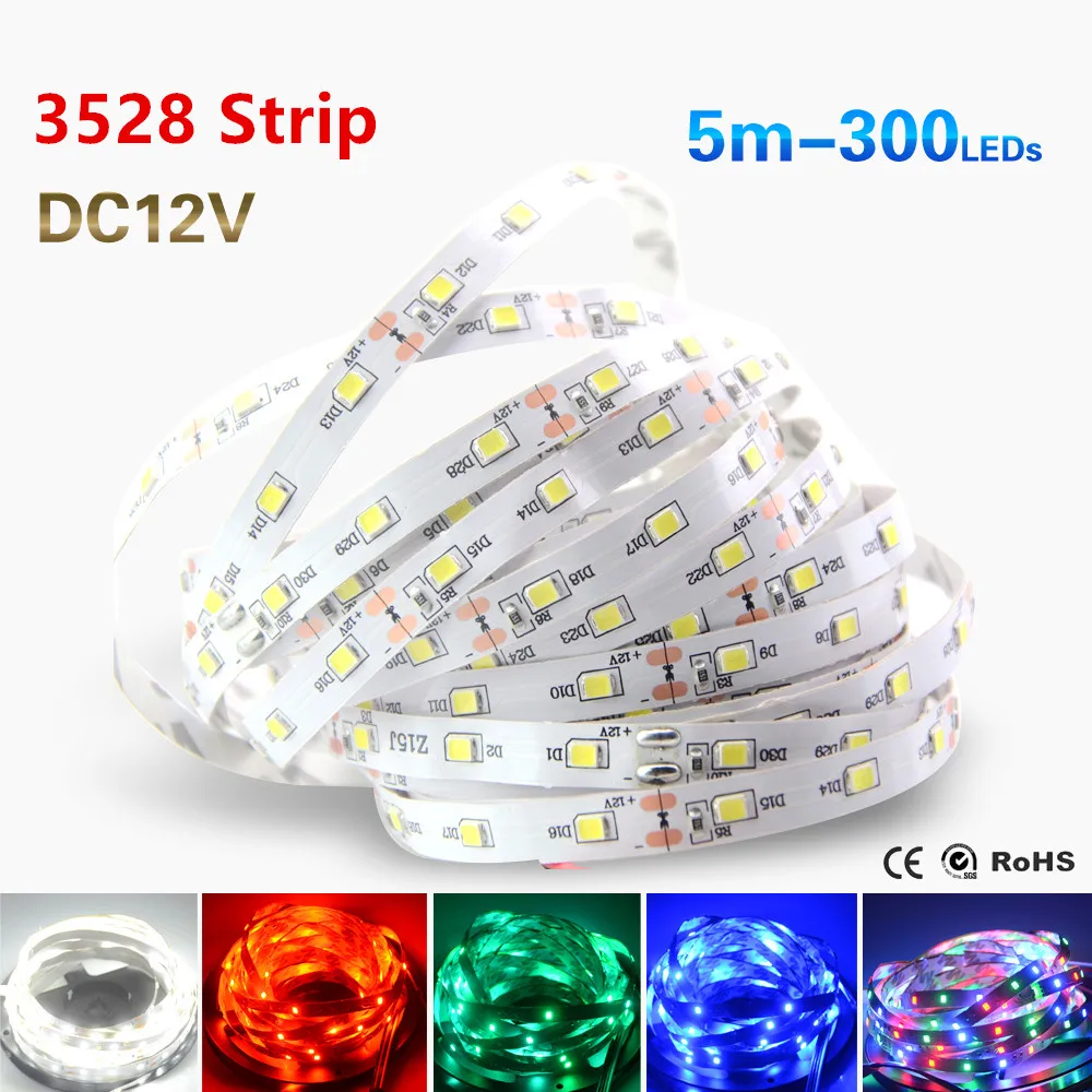 Hot Sale LED strip 3528 12V flexible light 60led/m 5m/lot RGB White Warm white Cold Blue Green Red Yellow Free shipping | Освещение