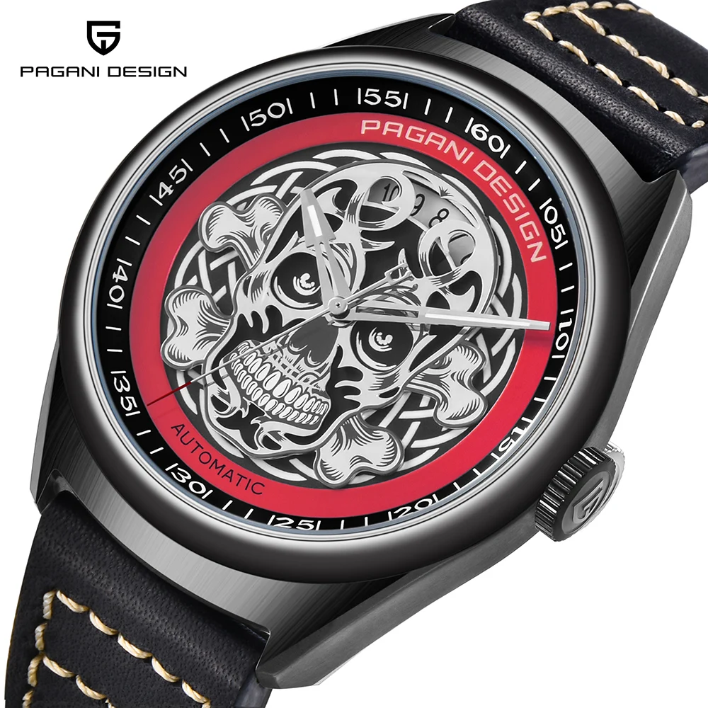 PAGANI DESIGN Men's Classic 3D Skull Punk Style Mechanical Watches Waterproof Genuine Leather Brand Luxury Automatic Watch 