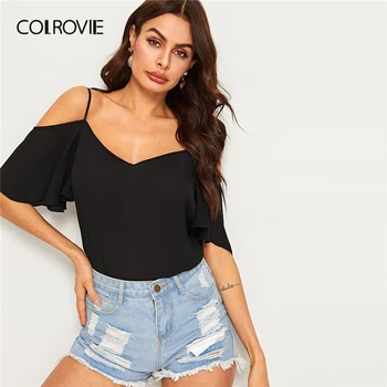 

COLROVIE Black Solid Cold Shoulder Layered Sleeve Sexy T Shirt Women Clothes 2019 Summer Casual Office Ladies Tee Shirts Tops