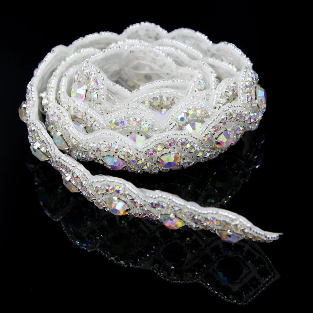 1 Yard 2.5cm Width Clear/AB Flower Rhinestones Trim Hot fix Sewing