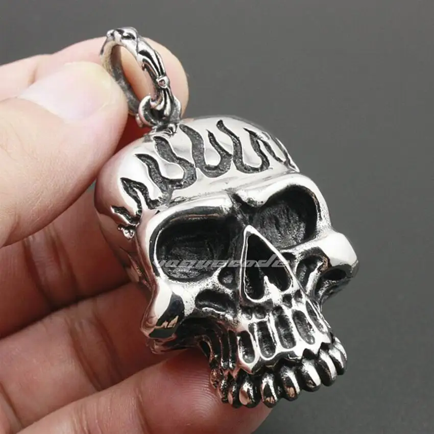 Huge Heavy 316L Stainless Steel Fire Skull Pendant Mens Biker Rock Punk Style 6K004 Steel Necklace 24 inches 2